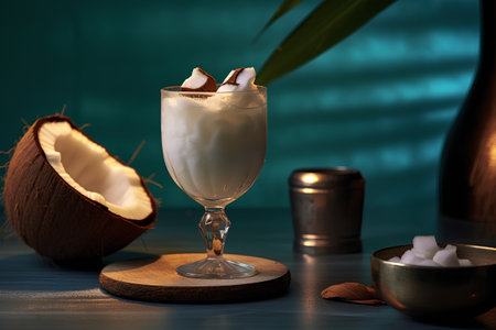 Coconut cocktail with whipped cream in a glass on a blue backgroundの素材