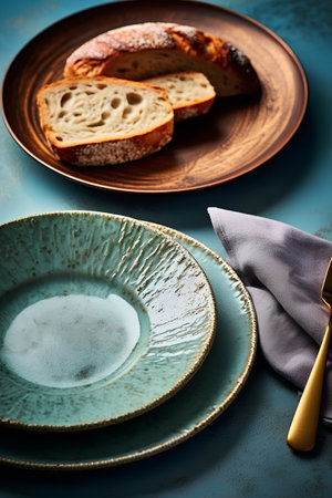 Rustic table setting with croissant and bread. Selective focus.の素材