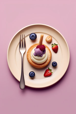 Delicious tartlet with whipped cream and berries on a pink backgroundの素材
