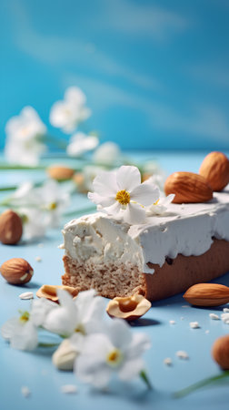 Cream cheese cake with almonds and spring flowers on blue background.の素材