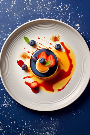 Pancake with berries on a blue background. Top view.の素材