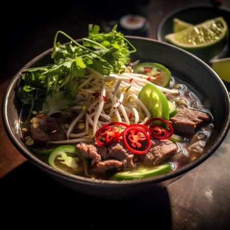 Vietnamese noodle soup with beef and vegetables on wooden tableの素材