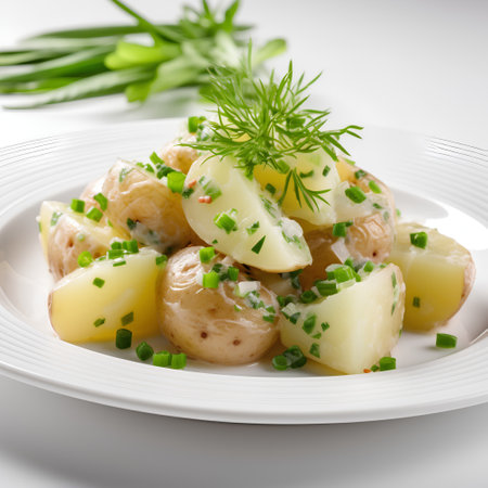 Boiled potatoes with dill and green onion on a white plateの素材