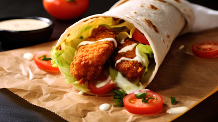 Burrito with chicken nuggets and vegetables on a dark background.の素材