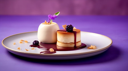 Panna cotta with berries and chocolate syrup on a purple backgroundの素材