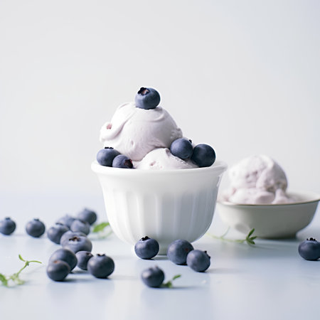 Vanilla ice cream with fresh blueberries on a white background.の素材