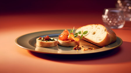 Bruschetta with salmon on a plate on a red backgroundの素材