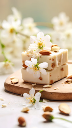 White chocolate with almonds and flowers on a wooden board, selective focus.の素材