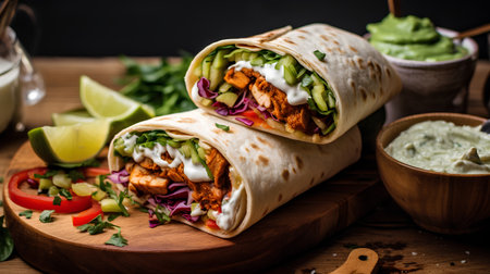 Tortilla wraps with chicken, avocado, cucumber and red cabbage. Mexican food.の素材