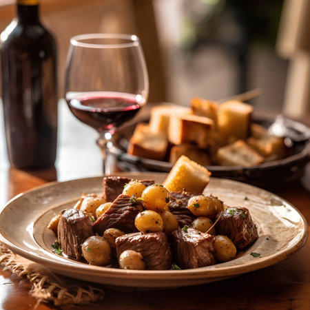 Beef Bourguignon with potatoes and red wine in a restaurantの素材