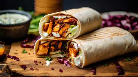 Healthy vegetarian burritos with chicken and vegetables on wooden backgroundの素材