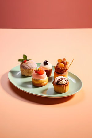 Colorful mini cakes on a plate on a pink background. Copy space.の素材