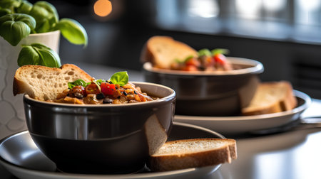Soup with vegetables and meat in a ceramic bowl. Selective focus.の素材
