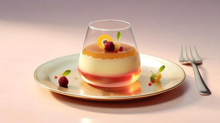 Panna cotta with raspberries and mint in a glassの素材