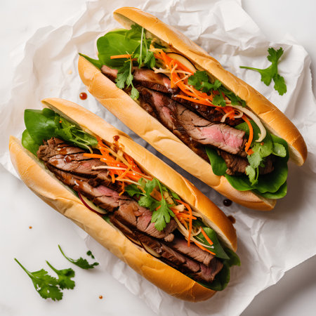 Tasty hot dog with roast beef, arugula and carrot on white backgroundの素材