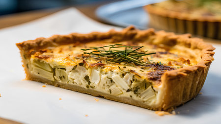 Cottage cheese tart with rosemary on a white tablecloth.の素材