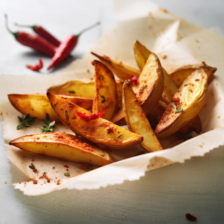 Baked potato wedges with paprika and rosemary, selective focusの素材