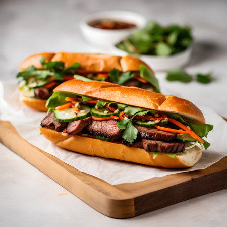 Sandwiches with beef, arugula and vegetables on a wooden boardの素材