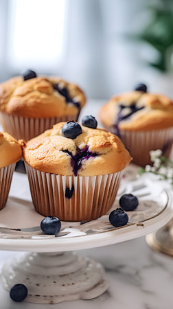 Homemade blueberry muffins with fresh berries on white marble backgroundの素材