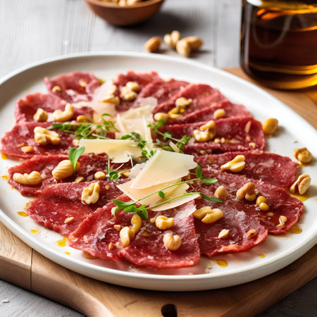 Sliced beef carpaccio with parmesan cheese and pine nutsの素材