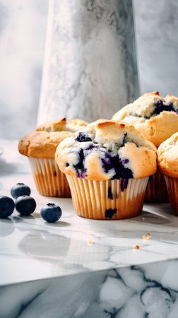 Blueberry muffins with fresh berriesle table. Square imageの素材