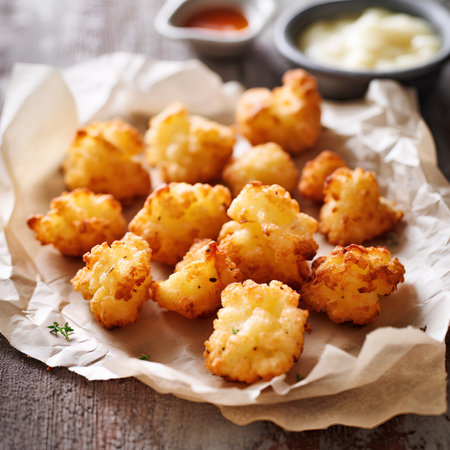 Breaded cauliflower nuggets with sauce on a wooden backgroundの素材