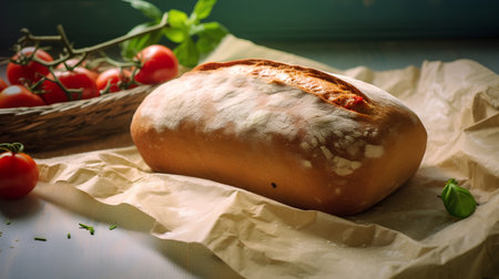 loaf of bread with tomatoes and basil on the table. tinting. selective focusの素材