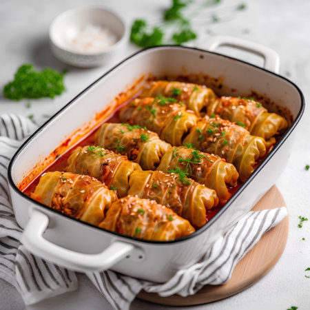 Stuffed cabbage rolls with meat and rice in tomato sauce. Selective focus.の素材