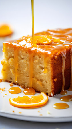Caramel cake with orange on a white background. Selective focus.の素材