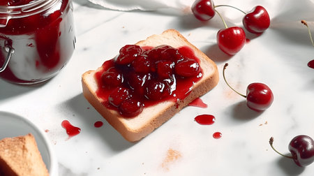 Toast with cherry jam on white marble table. Top view.の素材
