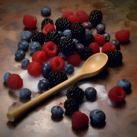 Wooden spoon with fresh raspberries, blueberries and blackberriesの素材