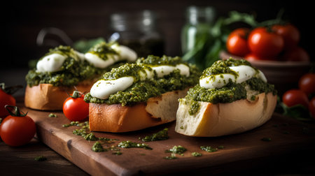 Bruschetta with pesto sauce and cherry tomatoes on wooden backgroundの素材