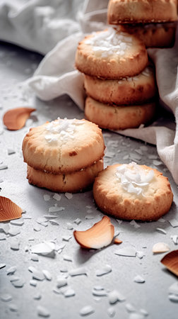 Cookies with coconut flakes on a gray background. Selective focus.の素材