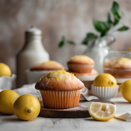Homemade lemon muffins with fresh lemons on a wooden backgroundの素材