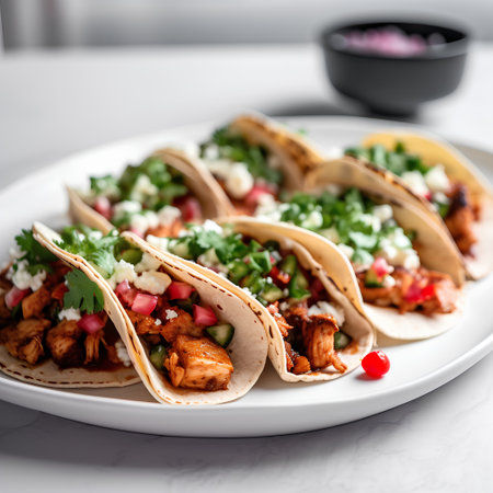 Mexican tacos with chicken, vegetables and salsa on white marble backgroundの素材