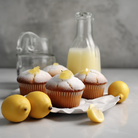 Homemade lemon muffins with icing sugar and fresh lemon juice on a light backgroundの素材