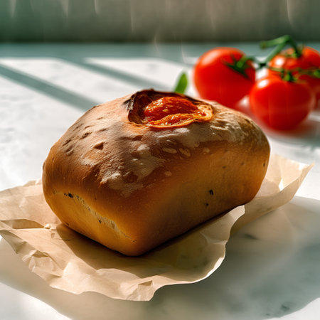Homemade bread with tomatoes on a white marble background. Toned.の素材