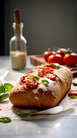 Italian focaccia with tomatoes and mozzarella, selective focusの素材