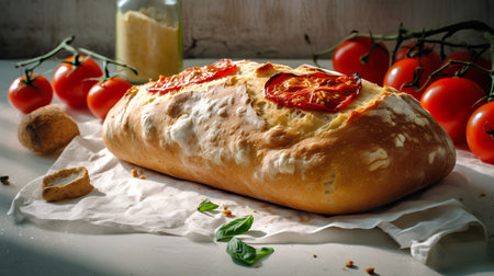 Ciabatta bread with cherry tomatoes, basil and olive oilの素材