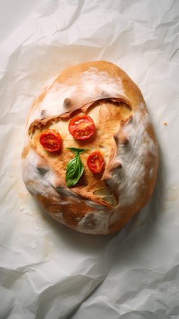 Ciabatta bread with tomatoes and basil on crumpled paperの素材