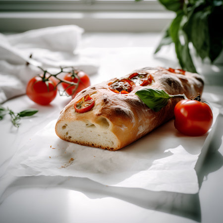 Italian ciabatta bread with tomatoes and basil. Toned.の素材