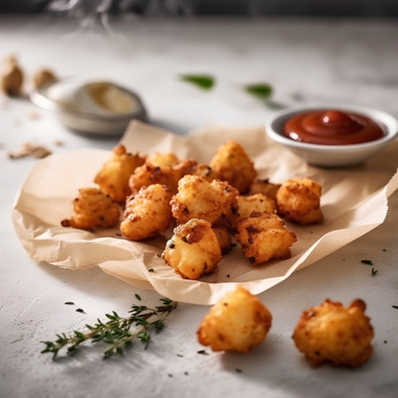 fried chicken nuggets with sauce and herbs on a white background, selective focusの素材