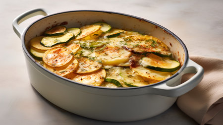 Zucchini baked with cheese and dill in a baking dishの素材
