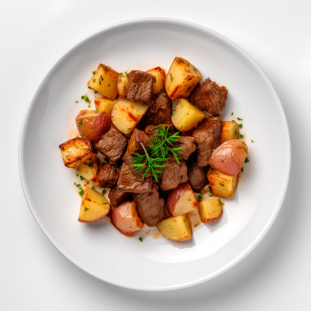 Beef stew with potatoes and herbs on white plate, top viewの素材