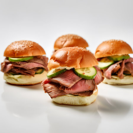 Sandwiches with beef and cucumber on a white background.の素材