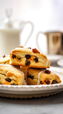 Scones with raisins on a white plate. Selective focus.の素材