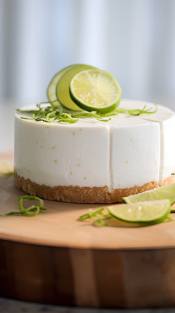 Lime cheesecake with lime slices on a wooden board. Selective focus.の素材