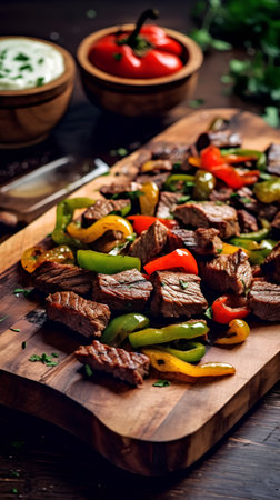 Beef steaks with bell pepper and green onion on wooden boardの素材