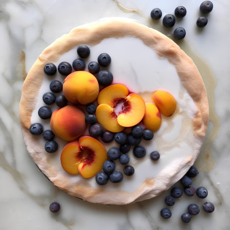 Flat lay of homemade cake with peaches and blueberriesle backgroundの素材