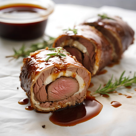 Slices of roast beef wrapped in bacon with sauce and rosemaryの素材